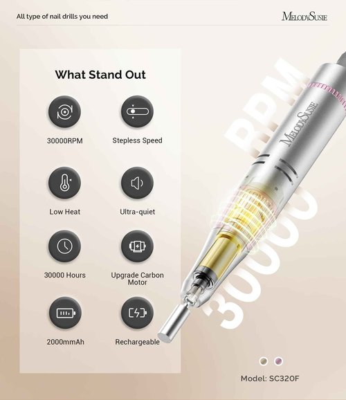 MelodySusie Portable Nail Drill 30000 RPM SC320F with Nail Drill Machine Holder