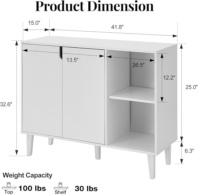 Panana Kitchen Buffet Cabinet Storage Sideboard with 2 Doors 2 Shelves, 41.8" L x 15" W x 32.5" H (White)