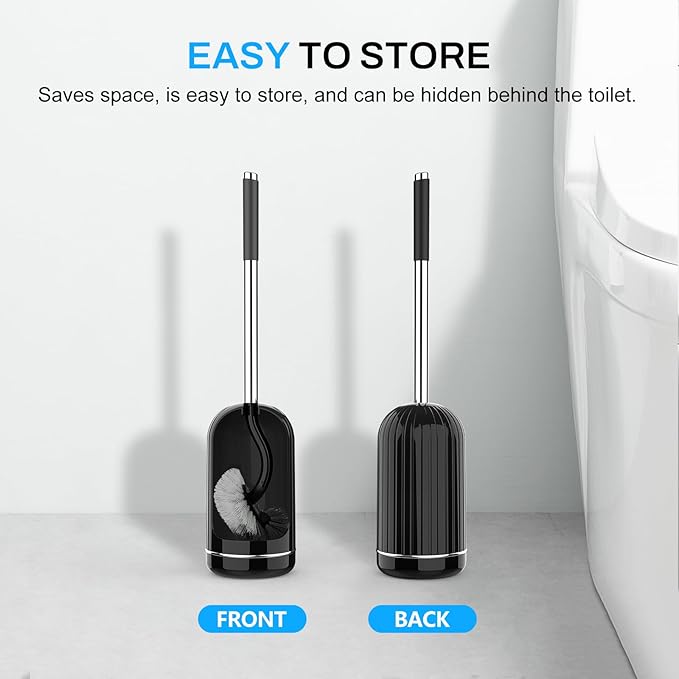 SetSail Toilet Brush and Holder Set, Compact Size Curved Toilet Bowl Brush for Bathroom Deep Cleaning with Stainless Steel Handle Toilet Cleaner Brush, Black