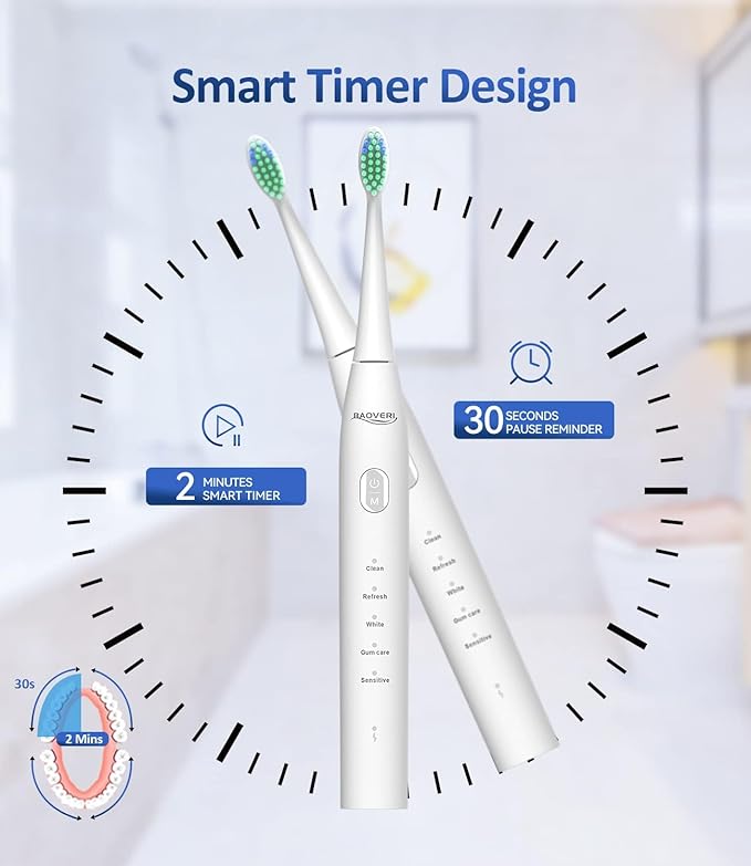 BAOVERI Electric Toothbrush for Adults & Kids,Rechargeable Ultrasonic Electric Toothbrush with 6 Dupont Brush Heads, IPX7 Waterproof, 5 Modes, 2 Minutes Smart Timer, 4 Hours Fast Charge for 60 Days