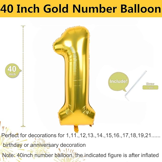 40 inch Gold Number Balloon Giant Foil Helium Balloons Gold Number 1 Balloon for 1st Birthday Party Anniversary Decorations Supplies
