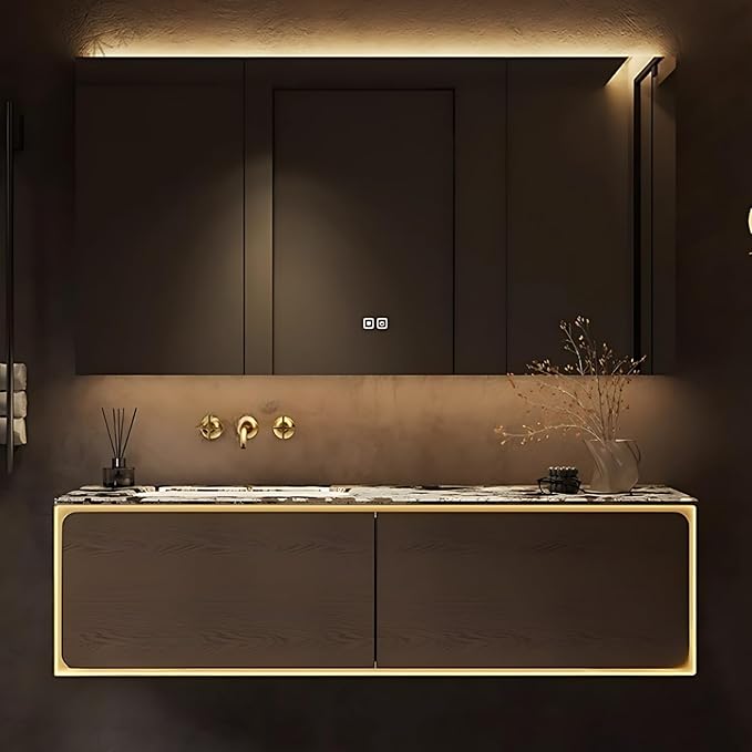 58IN Bathroom Vanity Set with a Single Sink - Embedded Sensor Light Strip & Large Capacity Floating Cabinet | Modern Bathroom Vanities with Defogging Mirror Surface & LED Lighting (Mirror Cabinet)