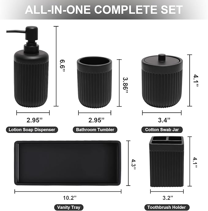 Resin Matte Black Bathroom Accessories Set 5 Pcs, Lotion Soap Dispenser, Toothbrush Holder, Bathroom Tumbler, Qtip Holder and Vanity Tray, Bathroom Countertop Organizer Set for Home Apartment