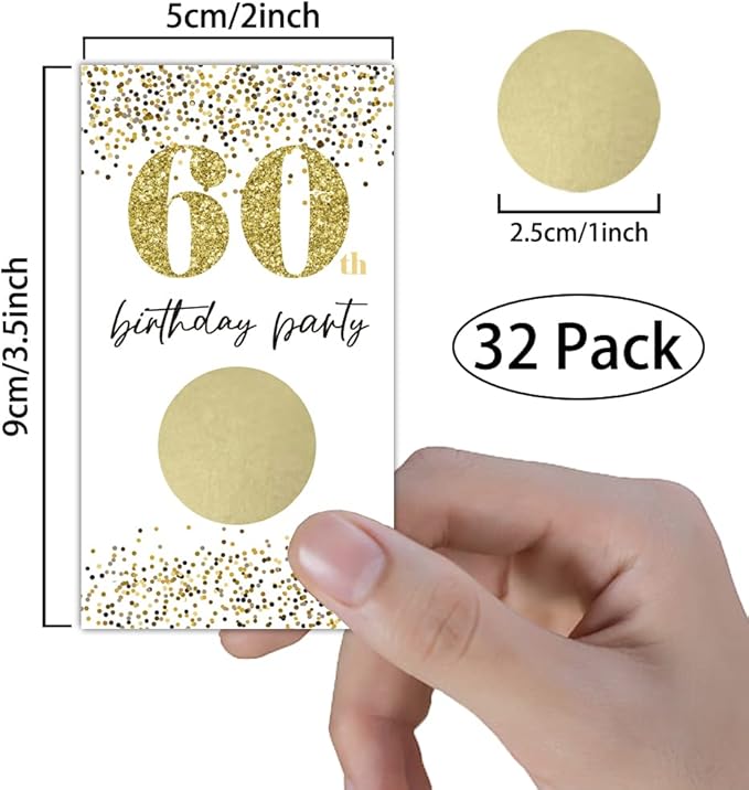 REWIDPARTY White Gold 60th Birthday Party Scratch Off Game Cards（32 PCS） Happy 60th Birthday Party Scratch Cards Cheers to 60 Years Party Supplies Activity for Birthday Raffle Tickets Kids Adults