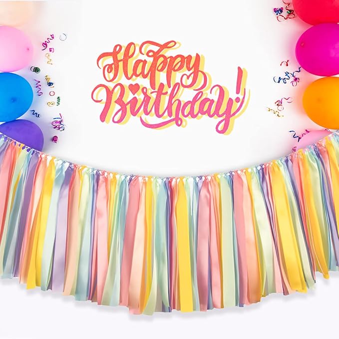 Pastel Rainbow Ribbon Tassel Garland Colorful Fabric Banner Hanging Patry Decoration Backdrop for Baby Shower, Highchair, Birthday Macron Banner Backdrop Decor 40 Inches(L) X 14 Inches(W)