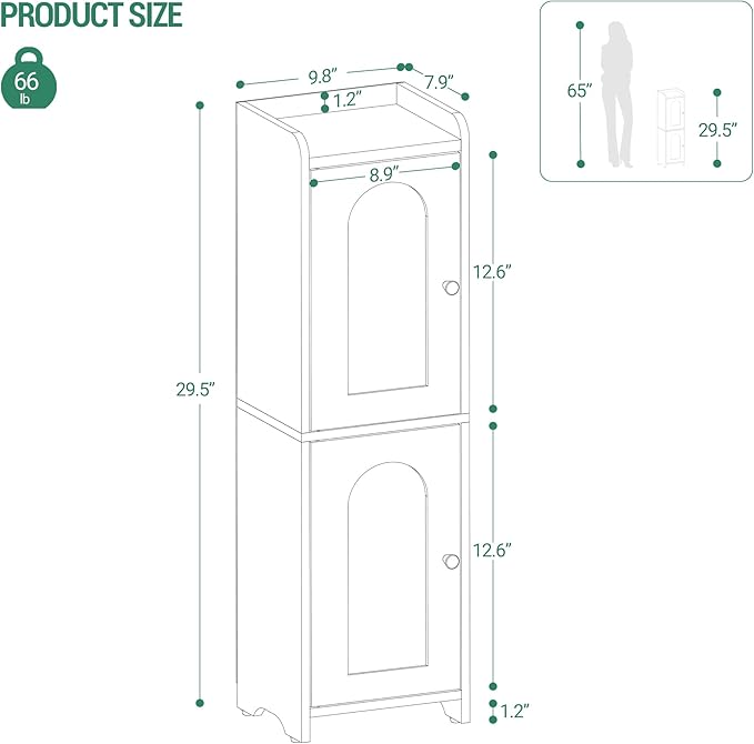 Bathroom Storage Cabinet, Corner Floor Cabinet with 2 Doors and Adjustable Shelf, Narrow Toilet Paper Cabinets, Bathroom Organizer for Small Spaces, 7.9" D x 9.8" W x 29.5" H Black