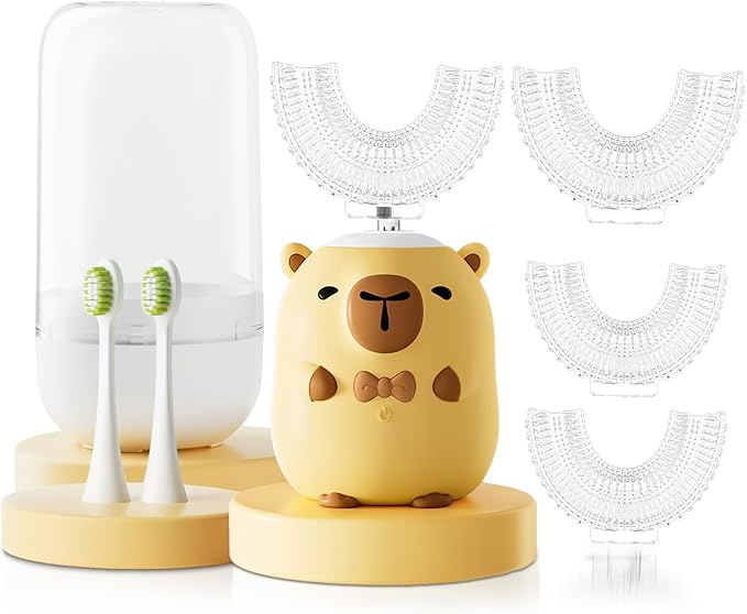 Kids Electric Toothbrush U Shaped - Cartoon Capybara with 6 Brush Heads Full Mouth Degree Cleaning Sonic Toddler Automatic Toothbrush with IPX7 Waterproof (Capybara 2-14 Years)