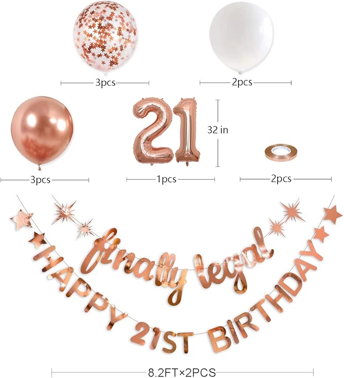 Rose Gold Finally Legal Happy 21st Birthday Banner Garland Foil Balloon 21 for 21 Birthday Decorations Hanging Twenty One Bday Decor for Girls 21st Bday Decorations Party Supplies for Her