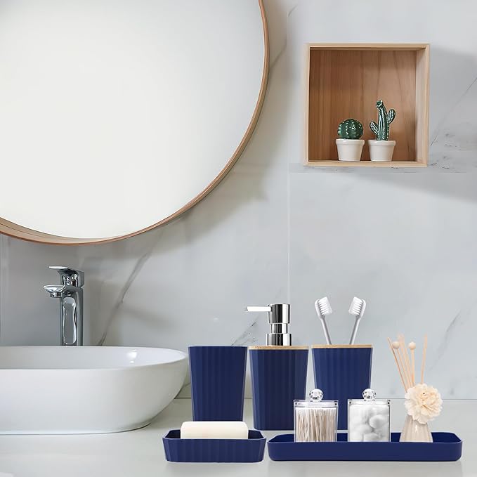 Navy Blue Bathroom Accessories with Bath Towels Ombre Shower Curtain, Blue Bathroom Setwith Trash Can,Toothbrush Holder,Toothbrush Cup,Soap Dispenser,Soap Dish,Toilet Brush and Qtip Holders