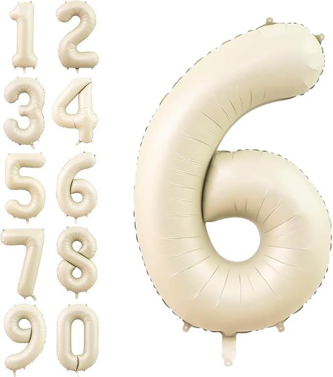 Number 6 Balloon Beige,40 Inch Large Cream Foil 6 Helium Balloons for Boys Girls Birthday Anniversary Decorations