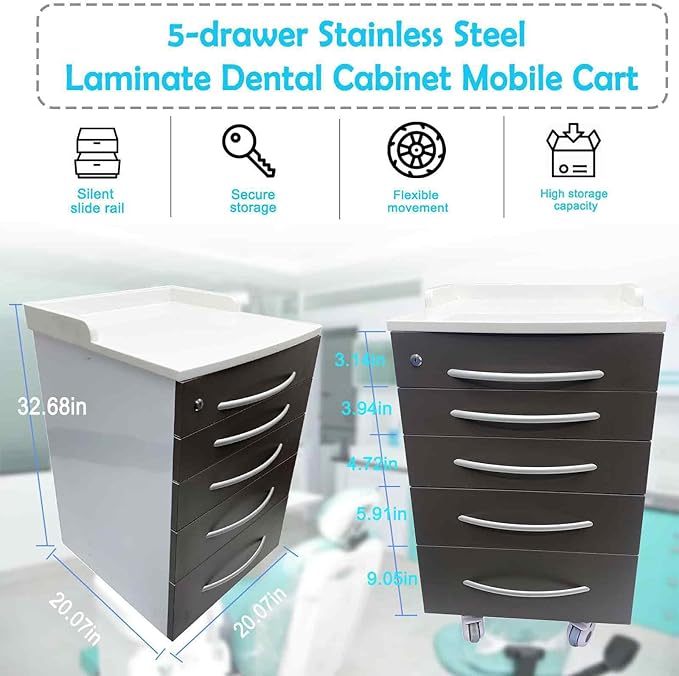 5 Drawers Dental Storage Cabinet with Dividers, Stainless Steel Cabinet Mobile Cart, Dental Mobile Cart with Wheels, for Clinics, Hospitals and Offices, Lockable