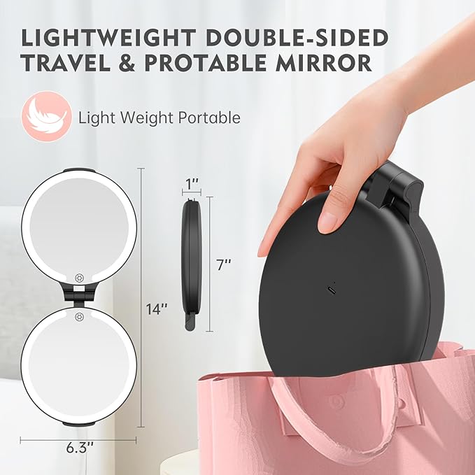 FUNTOUCH Travel Mirror with Light, 1X/10X Rechargeable Makeup Mirror with Magnifying, 7'' Double Sided 3 Color Lighting Modes for Travel Essential, Portable Vanity Mirror, Black
