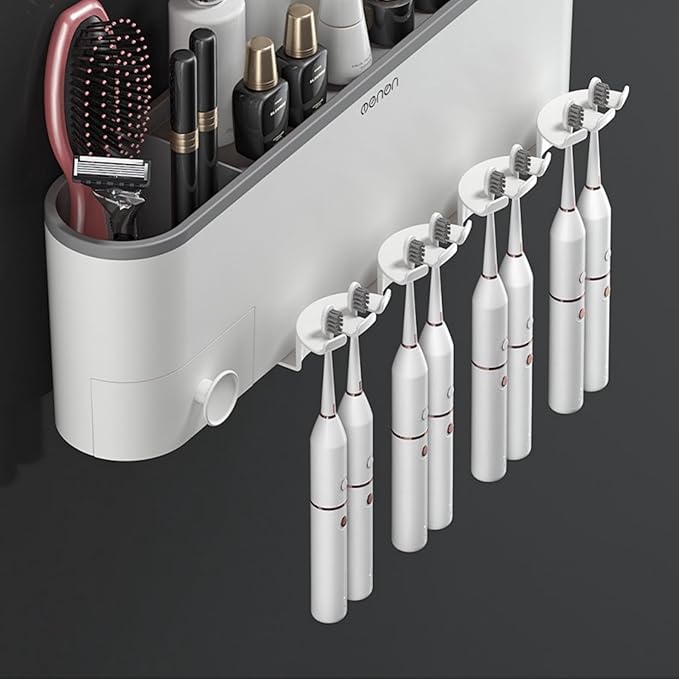 No-Drill Wall Mounted Toothbrush Holder, Bathroom Shelf, with 1 Automatic Toothpaste Dispenser 4 Brush Hooks Cups 1 Cosmetic Drawer Organizer and Large Storage (1 Dispenser + 2 Cups)