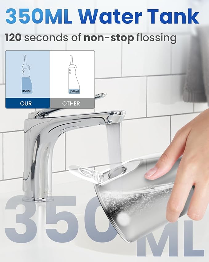 Cordless Water Flosser for Teeth Cleaning Pick, U-Shaped Flossing Head for 360° Deep Clean, 5 Modes & 9 Jet Tips, IPX7 Waterproof, Rechargeable & Portable Oral Irrigator for Travel, 350ML Large Tank