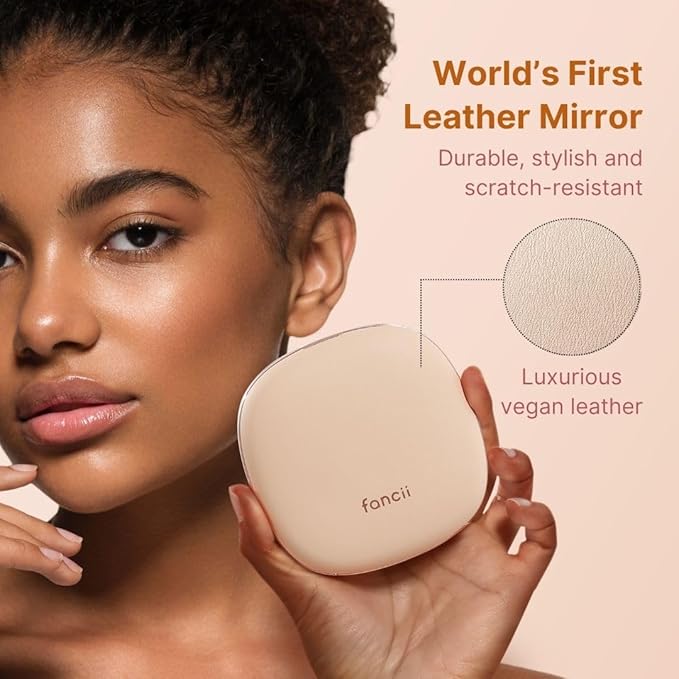 Fancii Mila 2 Compact Makeup Mirror with LED Light, Rechargeable, 10x /1x Magnifying, Tru-Glow Lighting System, Vegan Leather, Small Travel Mirror for Purses (Champagne Cream)