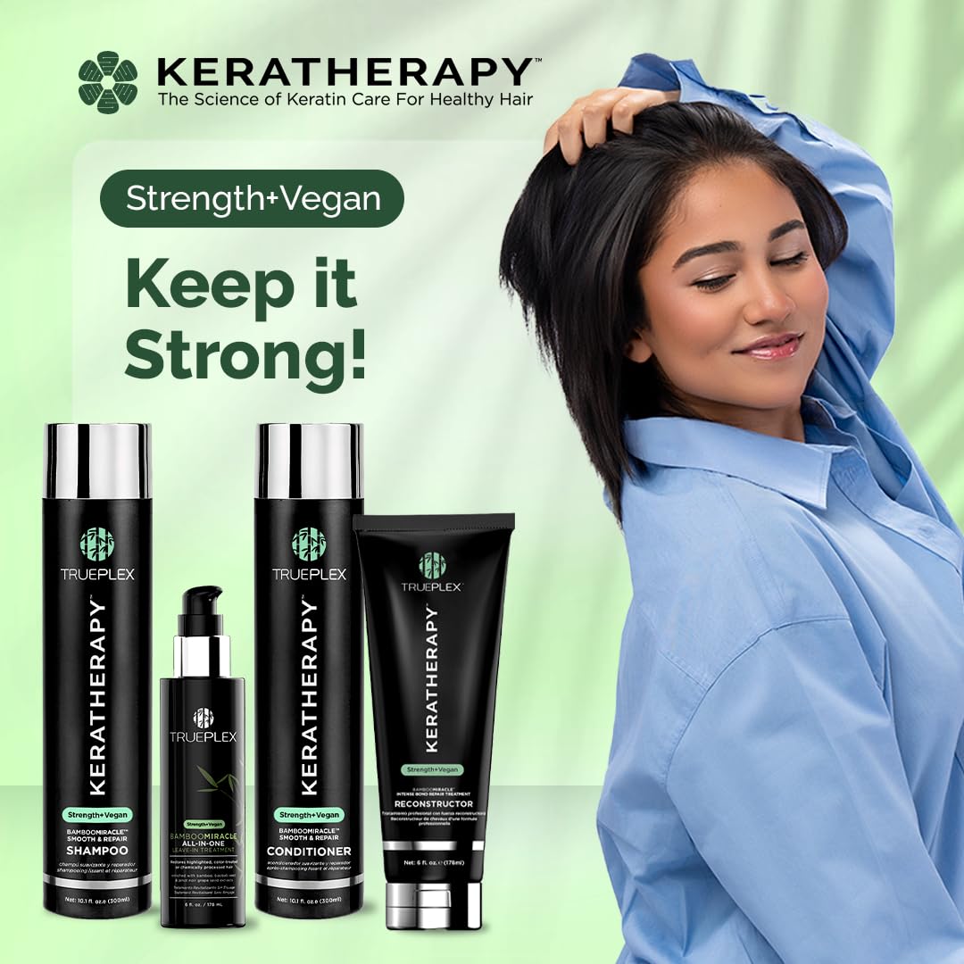 Trueplex KERATHERAPY Bamboo Miracle Smooth & Repair Shampoo, 10.1 oz., 300 ml - Vegan Cleansing Formula for Damaged & Frizzy Hair - Hydrating & Smoothing with Grape Seed, Baobab, & Bamboo Extract