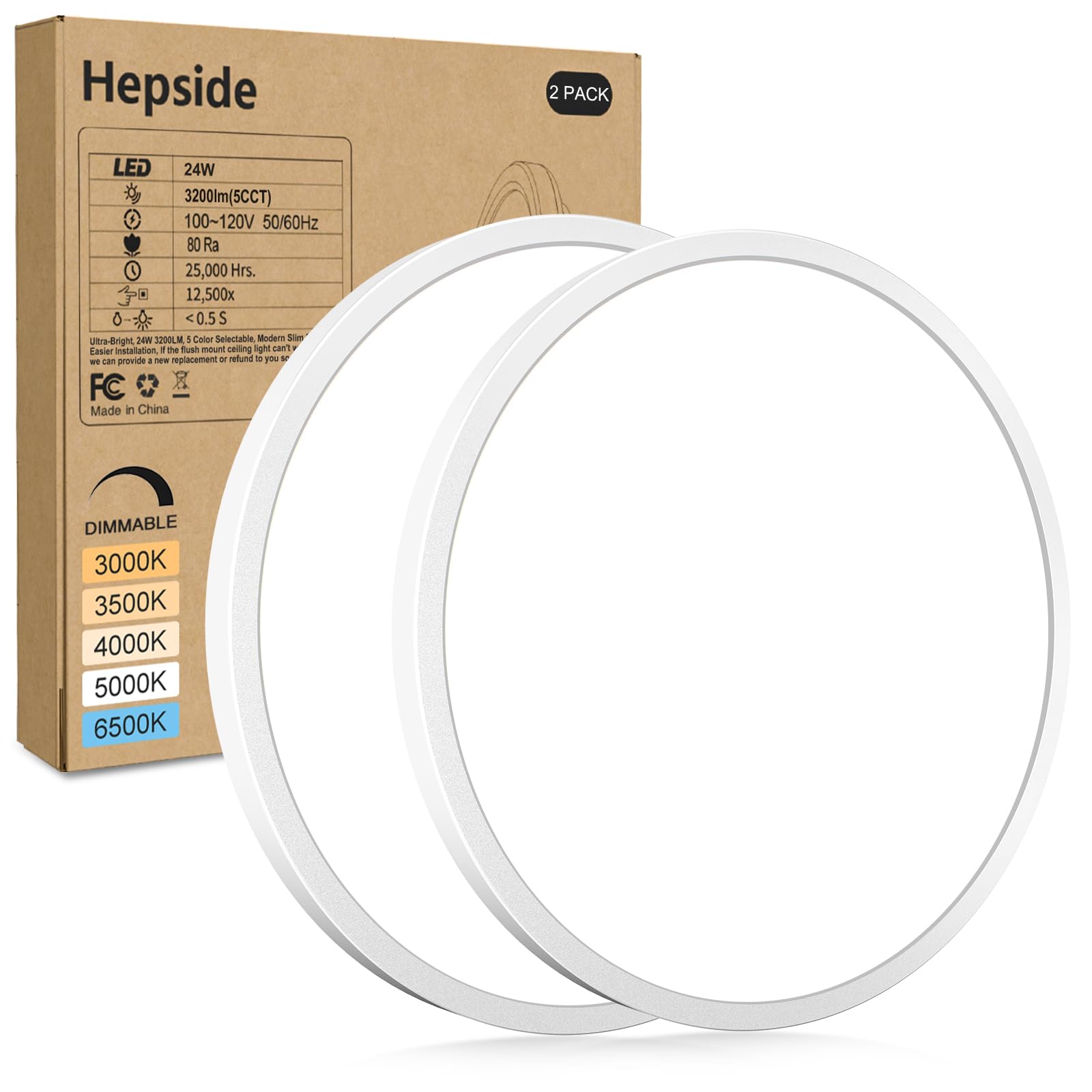 hepside 2Pack LED Flush Mount Ceiling Light Fixture, 12Inch 24W, Dimmable&3000K/3500K/4000K/5000K/6500K Adjustable Low Profile Ceiling Lights, White Round Flat Ceiling Light for Closet,Kitchen,Hallway