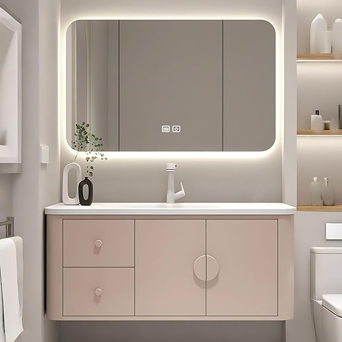 52IN Pink Modern Bathroom Vanity - Bathroom Vanities Set with 2 Drawers Wall Mounted | Rounded Corner Smart Defogging Mirror Cabinet with Lighting & Time Display, Side Opening Storage Shelf (Style A)