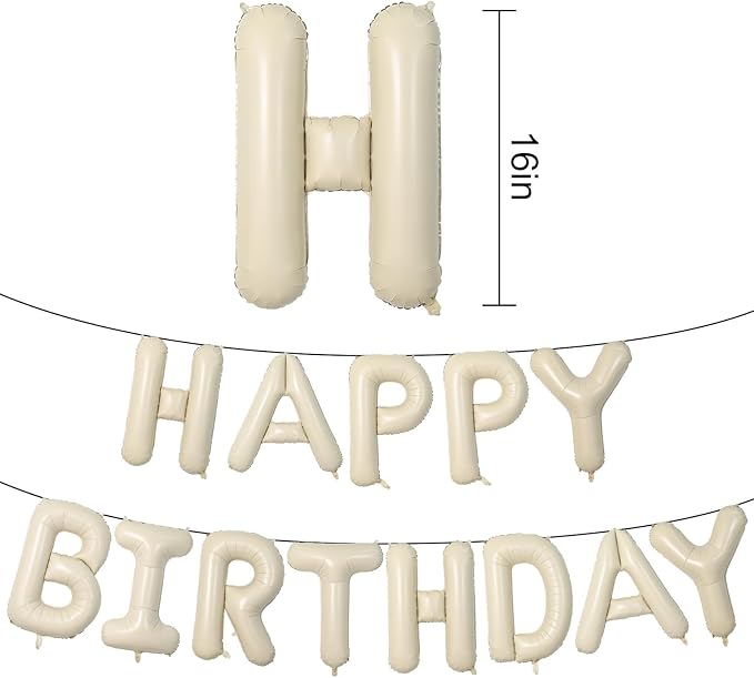 Happy Birthday Balloons Banner Beige,16 Inch Cream White Foil Letters Birthday Sign Banner Bunting for Boys Girls Men Women Birthday Party Supplies Decorations