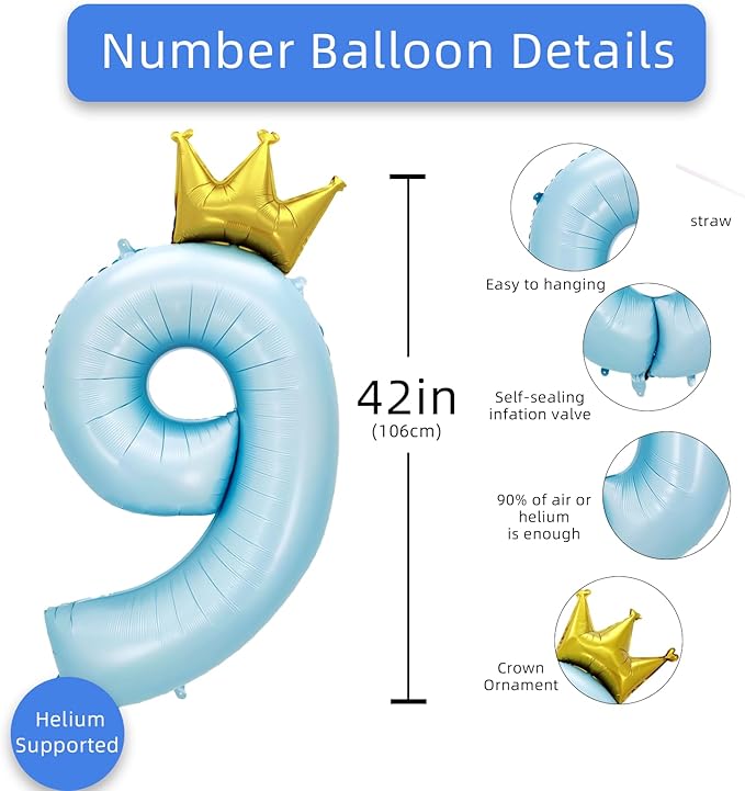 AULE 40 Inch Big Light Blue 9 Balloon Number with Crown Large Foil Helium Number Balloons 0-9 Jumbo Giant Happy 9th Birthday Party Decorations Huge Mylar Anniversary Party Supplies