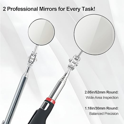 Telescoping Inspection Mirror with Rotating Head,Extendable Mechanic Mirror with Long Handle and Clip-On Design for Mechanics, Dentists, Auto, Boat (2.05in Round & 1.18in Round)