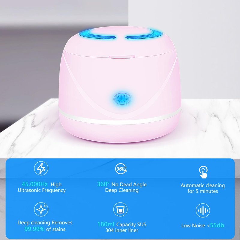 Ultrasonic denture cleaner for dentures, mouth guards, toothbrush heads, jewelry - 45 kHz Ultrasonic Retainer Cleaner (Pink)