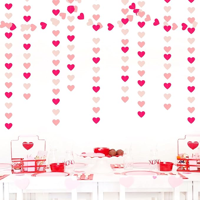 Hot-Pink Valentines-Day Party-Decorations Heart Garland - 52Ft Proposal Special Night Galentines Wedding Paper Streamers Banner, Girl Birthday Engagement Bachelorette Decor Lasting Surprise