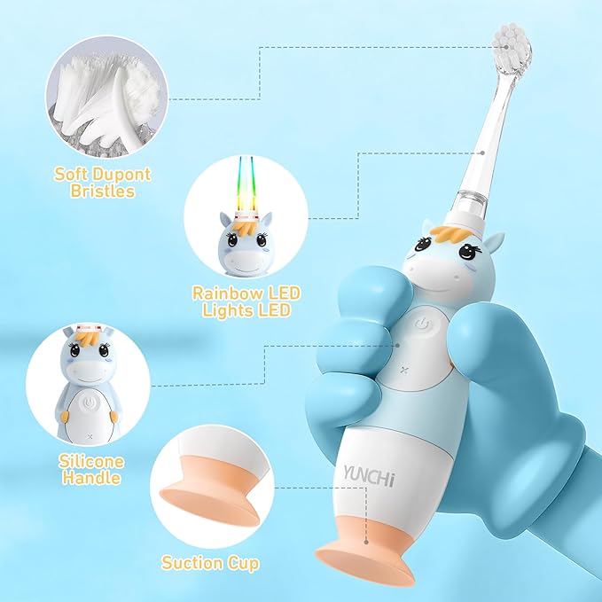 YUNCHI Toddler Electric Toothbrush Kids 0-3-6 Years, Baby Electric Toothbrush with Colorful LED Light, Battery Powered Toddler Toothbrush with 2 Minutes Timer 4 Brush Heads, Infant Toothbrush (Blue)