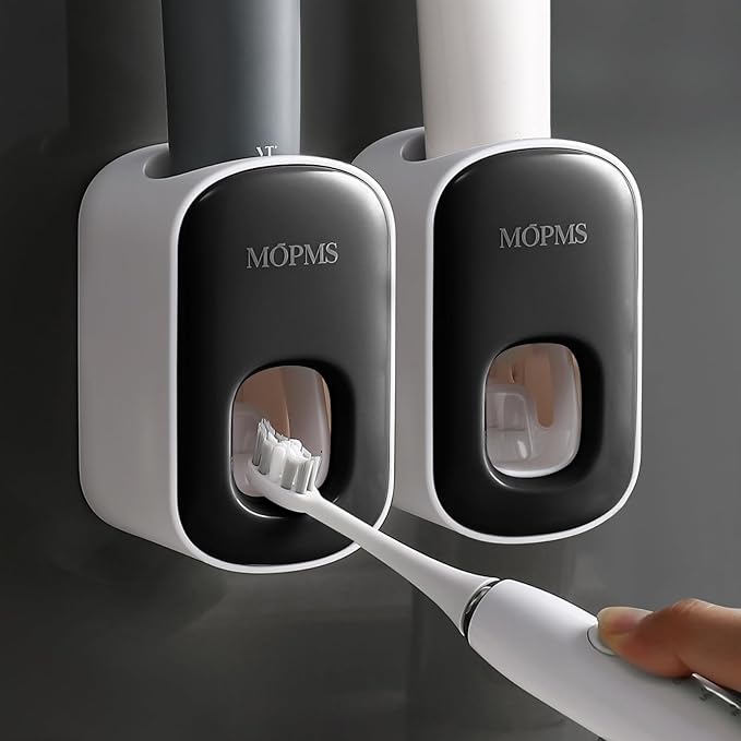 MOPMS Toothpaste Dispenser Wall Mounted for Bathroom Automatic Toothpaste Squeezer for Kids and Adult (Black-2PCS)