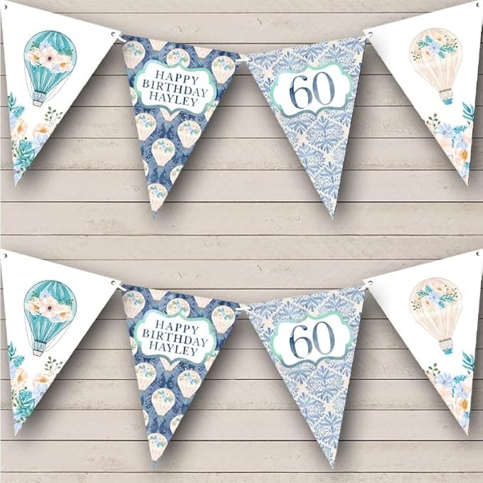 Vintage Blue Floral Hot Air Balloon Age Personalized Birthday Party Bunting - Hanging Party Decoration - Birthday Party Banner Garland | Decorative Party Supplies