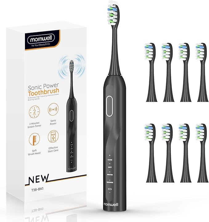 Sonic Electric Toothbrush - 5X More Effective Cleaning, 8 Brush Heads, 4 Modes, Low Noise Design for Adults
