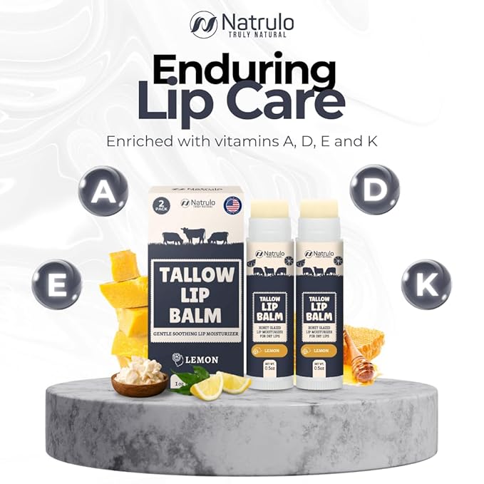 Beef Tallow Lip Balm – Natural Tallow Beeswax Chapstick – Hydrating Moisturizer Grass Fed Beef Tallow Balm Lip Care – Soothes Chapped Dry Sensitive Lips – Long Lasting Vitamin Rich USA-Made 2Pk Lemon