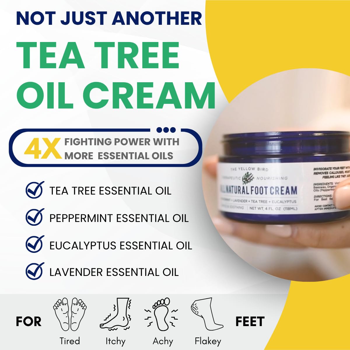 All Natural Foot Cream for Cracked Heels & Dry Feet – USA Made Organic Foot Balm for Callus Softening – Hydrating Foot Care Moisturizer with Peppermint, Tea Tree, Lavender & Eucalyptus