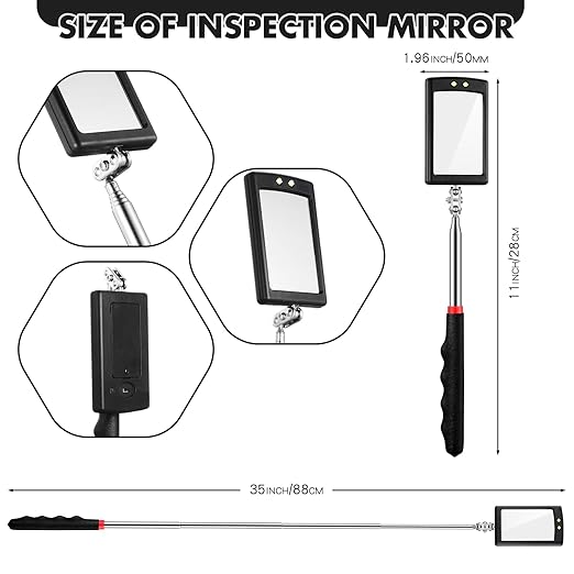 1 Pcs Telescoping Inspection Mirror Mechanics Automotive Tool with Long Handle Extendable Mirror on a Stick for Technicians Mechanics Contractors Checking Observation (Black,Square with Light)