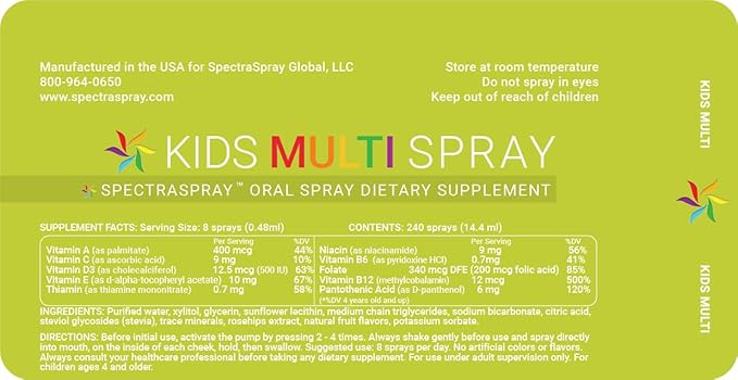 Spectraspray Kids Multivitamin Oral Spray – 10 Essential Vitamins, D3 (500IU) & B12 Active Form for Immune Support, Ideal for Back to School, 30 Day Supply