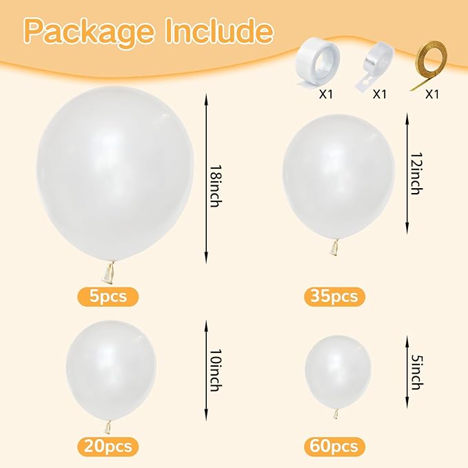 KAWKALSH Pearl White Balloons Different Sizes for Garland Arch, 134pcs Premium Party Latex Balloons for Birthday Party Graduation Wedding Anniversary Baby Shower Party Decoration