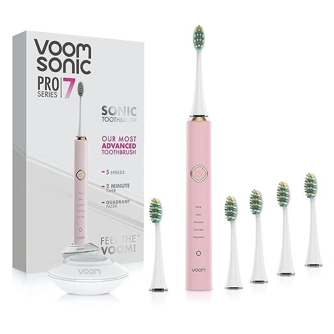 Voom Sonic Pro 7 Rechargeable Electronic Toothbrush + Pro 7 Series Replacement Brush Heads - 2-Minute Timer with Quadrant Pacing & 5 Adjustable Speeds,Soft Dupont Nylon Bristles Oral Care - Pink