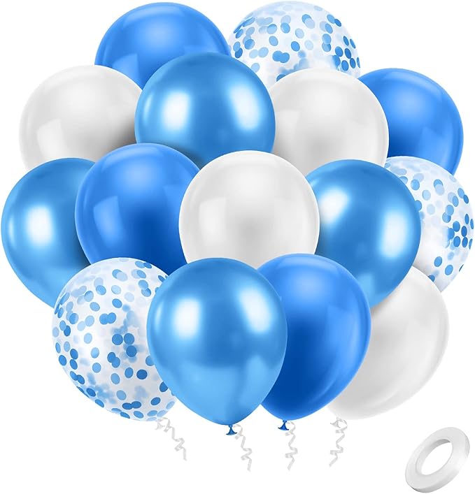 Ainiv 15pcs Blue Thicken Party Balloons with Ribbon & Confetti, Metallic Latex Balloons for Baby Showers, Weddings, Graduations & Birthdays