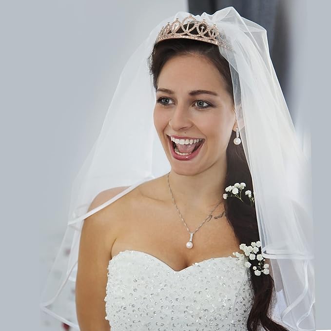 CIEHER Crystal Crown + Bride to Be Sash + Bridal Veil Set, Bachelorette Party Decorations - Rose Gold