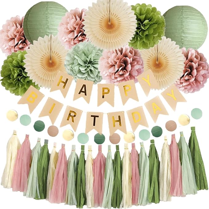 Olive Green and Pink Birthday Decorations Sage Green and Dusty Pink Birthday Decorations Dusty Rose Pom Poms Boho Sage Green Birthday Party Decorations with Green Pink Tassel Garland for Women Girls