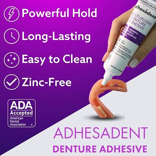 Dr. B Dental Solutions Adhesadent Moisturizing Denture Adhesive - Secure Denture Glue with Strong Grip & Natural Taste - Zinc-Free Dental Adhesive for Dentures, Overdentures - 2.4 oz (2 Pack)