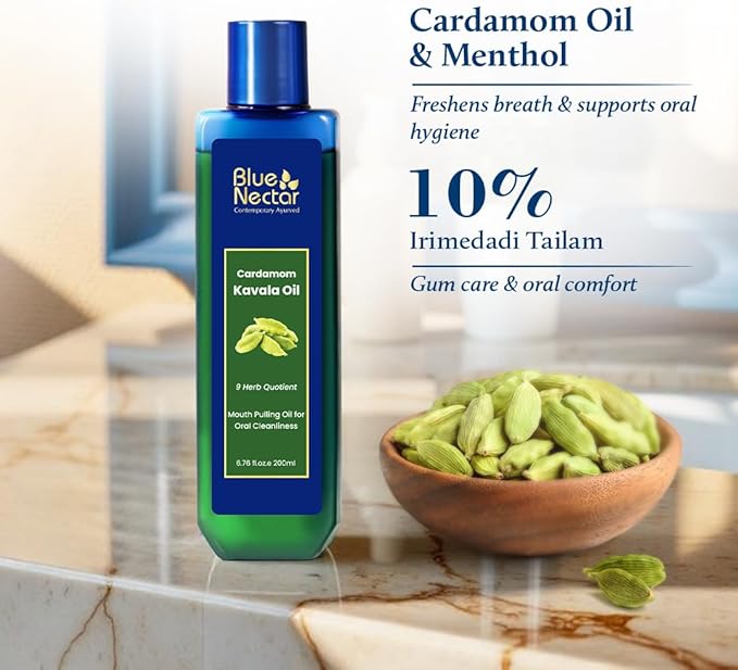 Blue Nectar Cardamom Mint Oil Pulling for Mouth | Ayurvedic Mouth Freshener & Mouthwash | Natural Pulling Oil for Cool Fresh Breath & Daily Oral Care (9 Herbs, 3.38 Fl Oz)