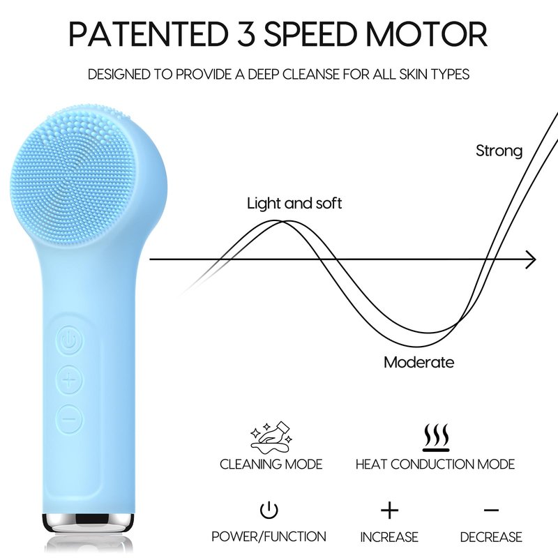Silicone Facial Cleansing Brush, Portable Electric Face Scrubber with Heat and Vibration, 3 Modes Adjustable, Waterproof IPX6, USB-C Rechargeable, Deep Cleansing, Exfoliating and Massage