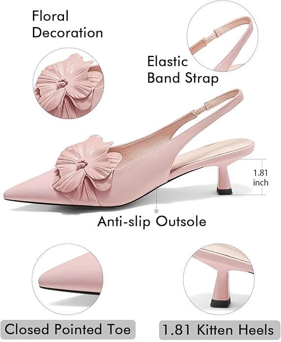 Coutgo Womens Slingback Kitten Heels Flower Closed Pointed Toe Pumps Wedding Party Dress Sandals Shoes