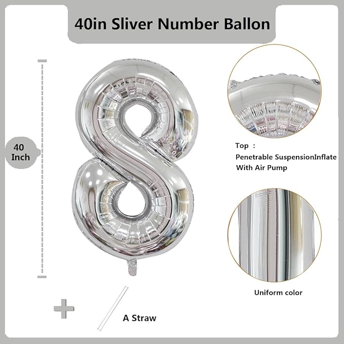 40 inch Silver Number Balloon Giant Foil Helium Balloons Silver Number 8 Balloon for 8th Birthday Party Anniversary Decorations Supplies
