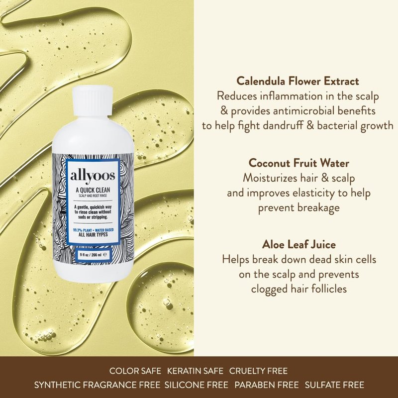 Allyoos A Quick Clean, Hair Rinse, Removes Sweat, Oil & Buildup From Scalp & Hair, No Suds, Dry Shampoo Alternative, Balances Scalp, Sulfate-Free