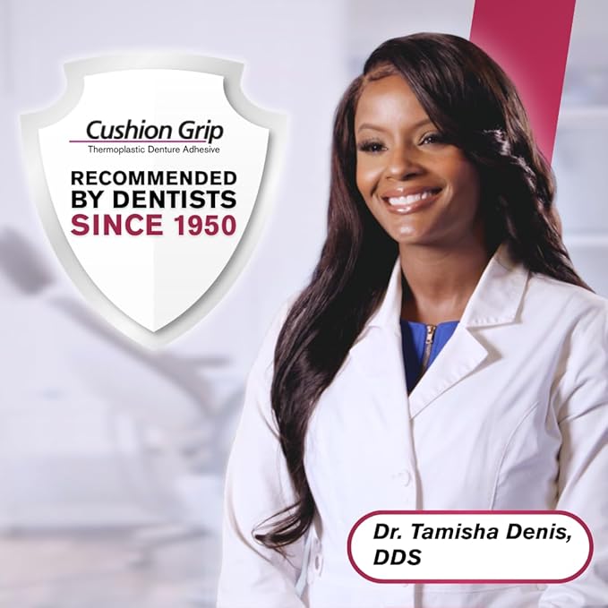 Cushion Grip Thermoplastic Denture Adhesive, 0.35 oz Travel Size (Pack of 5) – Refits and Tightens Loose Dentures for Up to 4 Days | Non-Glue, Zinc-Free, Waterproof Formula, Acts Like a Soft Reliner