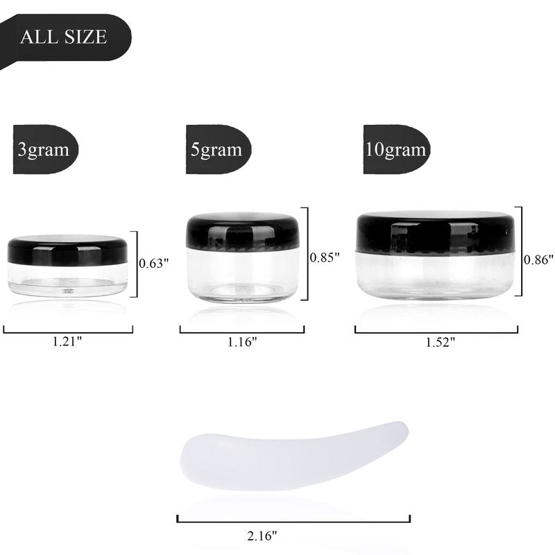 200PCS 3 Gram Sample Containers, 3ml Empty Jars with Lids, Small Cosmetic Containers, Mini Sample Jars with 16PCS Mini Spatulas for Make Up, Oils, Lotion, Powder, Paint, Jewelry, Lip Balms(Black Lid)