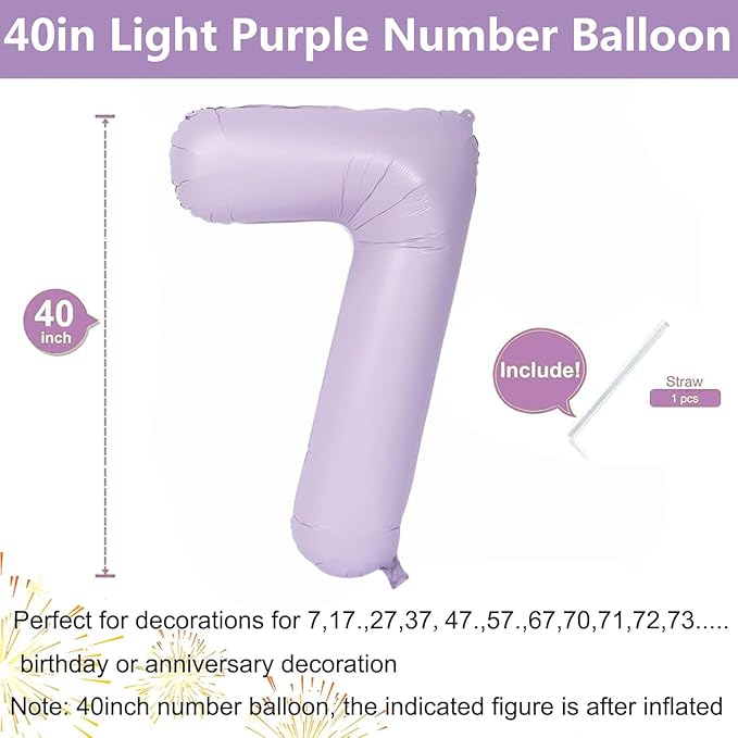 40 Inch Purple Number Balloons Light Purple 7 Balloon Matte Purple Birthday Balloons 0-9 Birthday Wedding Party digital Decorations (Number 7)