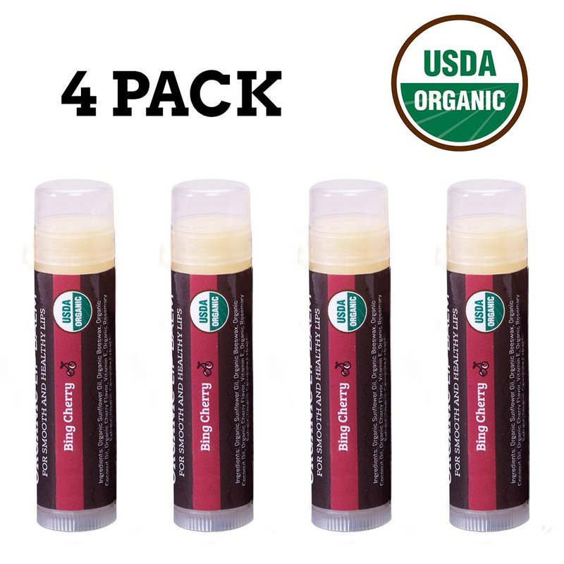 Earth's Daughter USDA Organic Cherry Lip Balm 4-Pack- Cherry Flavor - Beeswax, Coconut Oil, Vitamin E - Best Lip Repair Chapstick for Dry Cracked Lips.